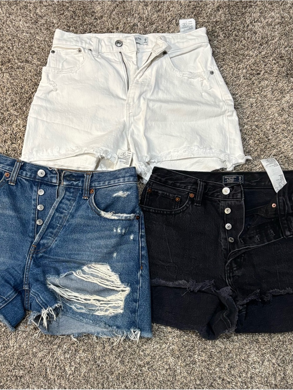 Abercrombie & Fitch Women's Distressed Jean Shorts Trio - White, Blue, Black